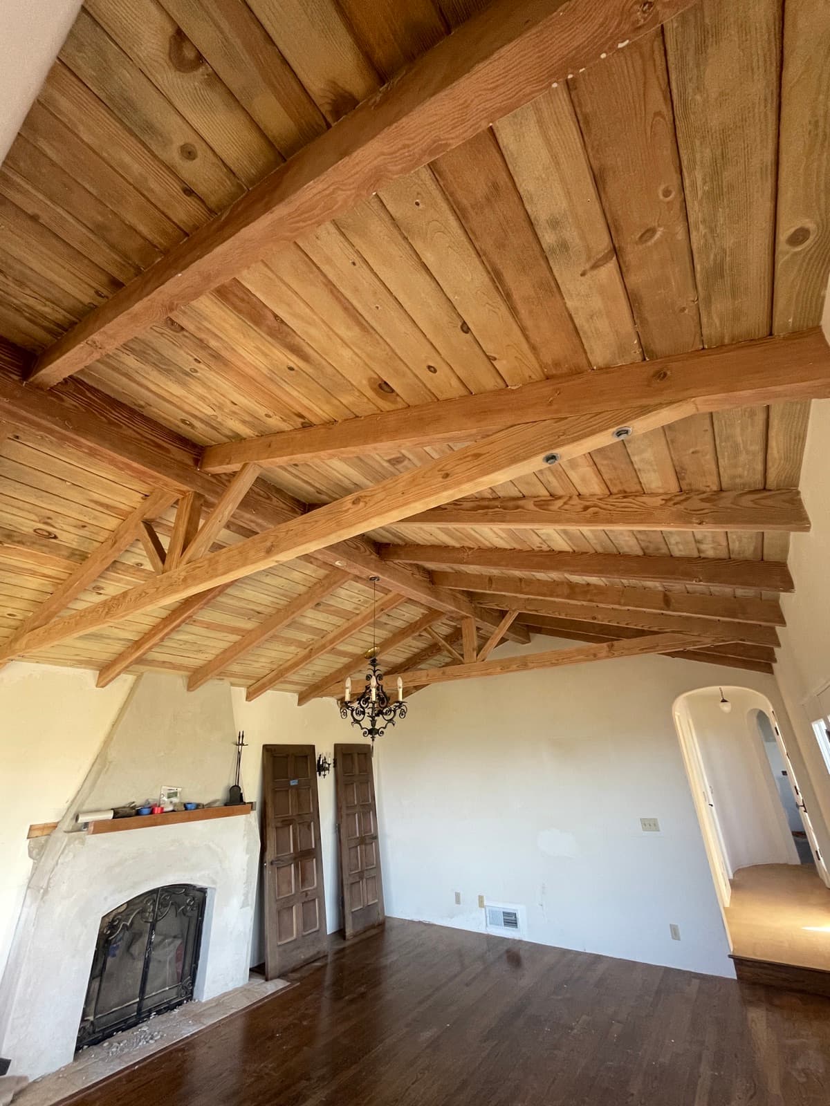 Interior exposed wood beams restored