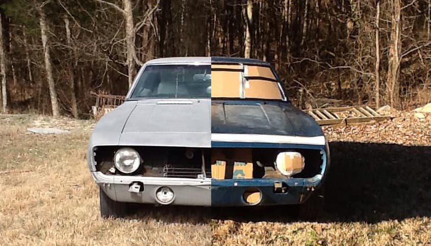 Vehicle paint stripping in progress