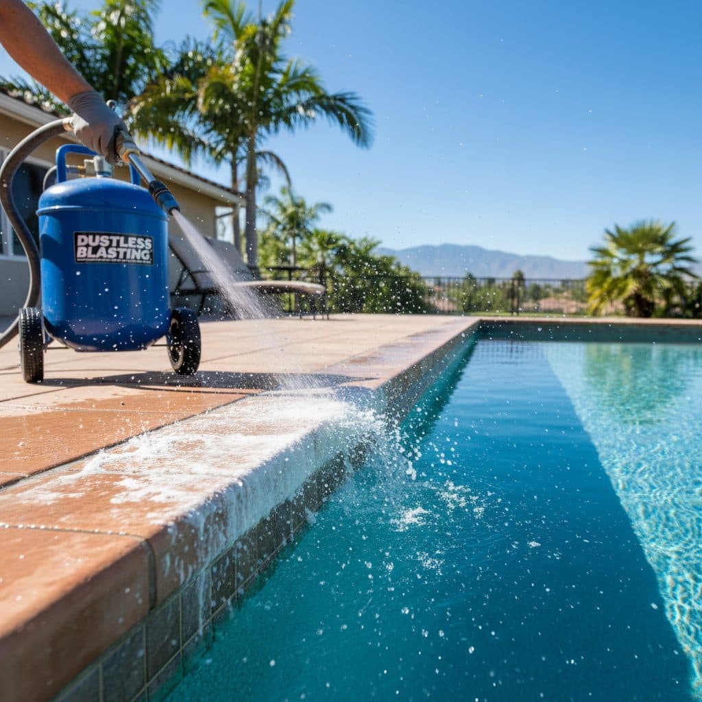 Dustless blasting action shot cleaning pool waterline tile