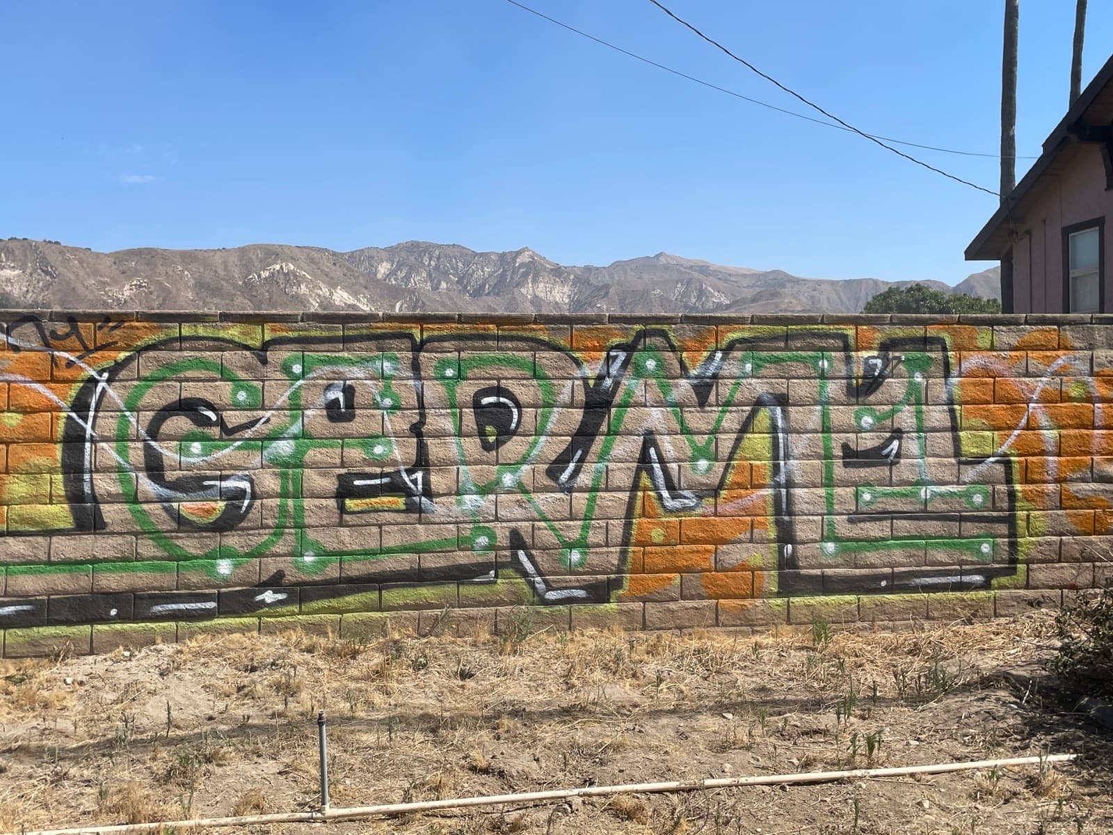Graffiti tags on block wall before removal