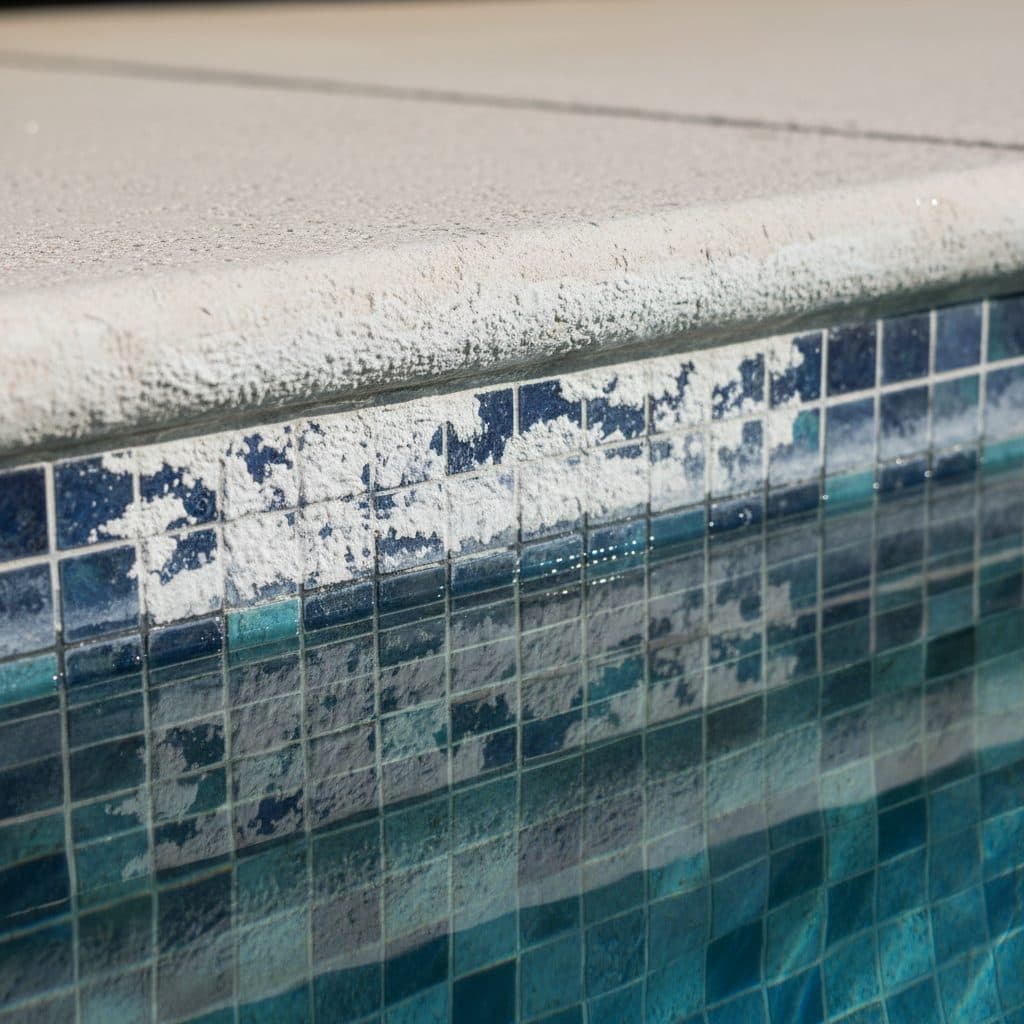 Pool waterline tile with calcium scale build-up before cleaning