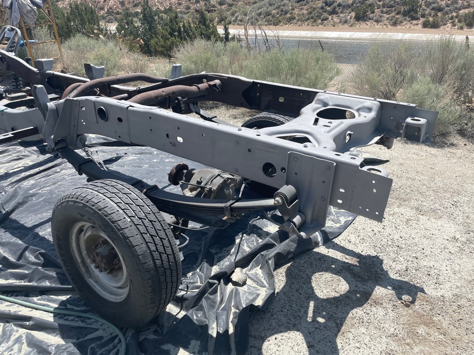 Truck chassis frame stripped to bare metal