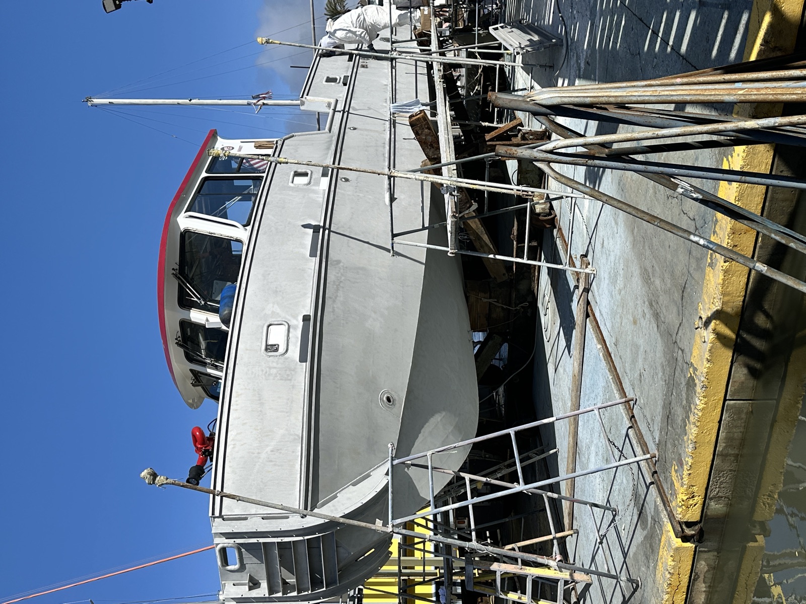 Large boat hull blasting in drydock